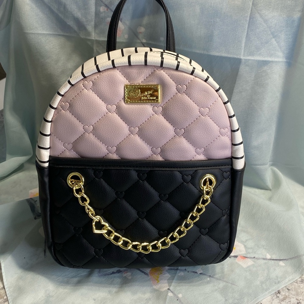 NWT Betsey Johnson Pink and Black Quilted Backpack with Chain Detail